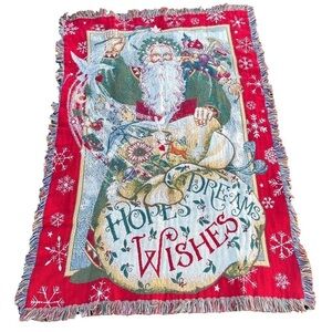 Whimsical Christmas Tapestry Throw Santa Hopes Dreams Wishes Red 68” x 46” GUC